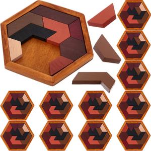 12 Pack Hexagon Tangram Puzzles Gifts for Christmas Wooden Brain Survivor Puzzles for Adult Challenge Hexagon Tangram Brain Teaser Geometric Jigsaw Russian Blocks for Family Party Logic Game