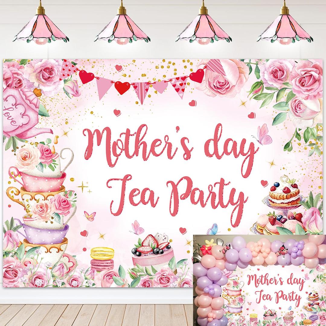 Mother's Day Tea Party Banner Backdrop 8x6FT Pink Floral Mother's Day Photography Background Let's Partea Thanks Mom Wall Decorations for Home