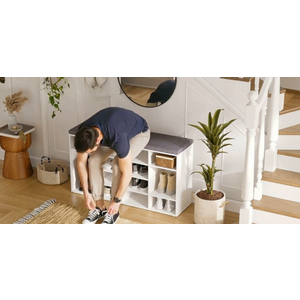 DINZI LVJ Shoe Storage Bench with Cushion, 13-Cubby Shoe Rack, Adjustable Shelves, Multifunctional Shoe Organizer Bench for Entryway, Mudroom, Hallway, Living Room, Bedroom and Garage, White