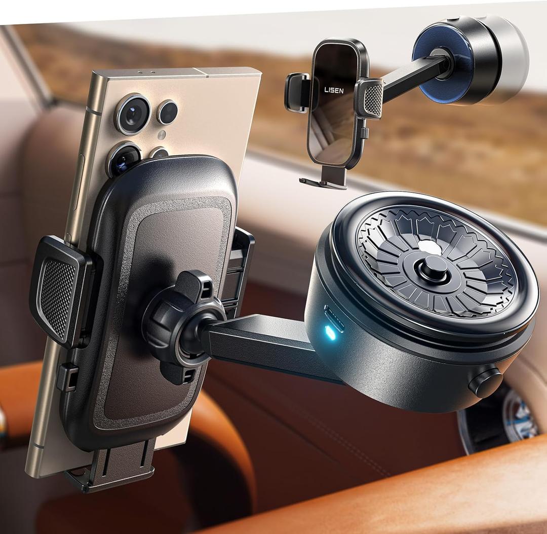LISEN Auto Electric Vacuum Suction Phone Holder for Car,100% Ultra-Stable iPhone Vacuum Electric Suction Cup Phone Mount Fit Any Car for iPhone 16 15 Pro Max Plus 14~X,Samsung Galaxy S