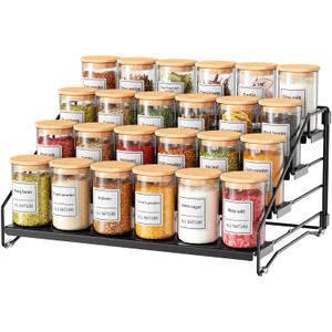 RCHYFEED Spice Rack Organizer for Cabinet Pantry,4 Tier Countertop Spice Rack,Step Spice Organization Easy Visibility,Tierd Depth Expandable Seasoning Shelf for Cabinet Organizer (Black, 1Pack)
