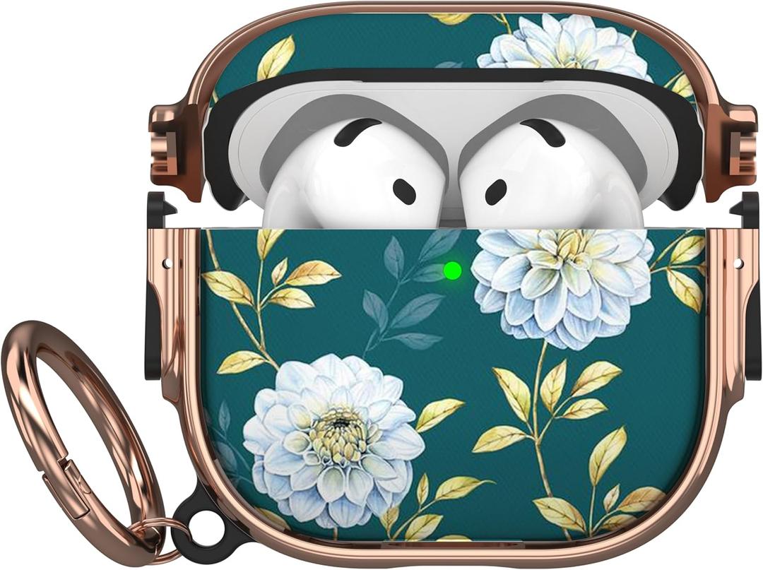 Maxjoy for AirPods 4 Case with Lock, Cute AirPods 4 Case Lock Protective Hard AirPod 4 Generation Cover for Women Girly with Keychain Clip for AirPod 4th Generation Cover 2024, Floral (Green + White)