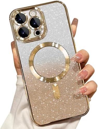 Misscase Compatible with iPhone 14 Pro Magnetic Glitter Case with Camera Lens Protector Full Protection Case Compatible with MagSafe Elegant Anti-Scratch Case Cover for iPhone 14 Pro Gold