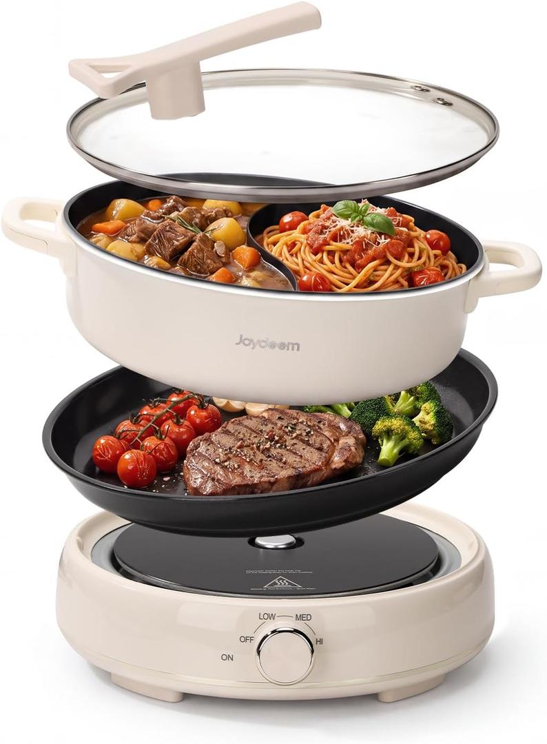 Joydeem 6.3qt Electric Hot Pot with Divider & Grill Plate, Dual-Flavor Shabu Shabu Pot, Multi-Function Hot Pot for Boil, Grill, Fry & Stew, 3 Power Settings, Detachable Nonstick Ceramic Pot