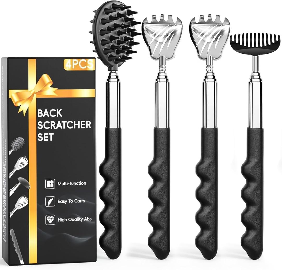 Gumry Versatile Back Scratcher - Portable Telescoping Extendable Back Massager Tool with Different Heads & Rubber Handles, Stocking Stuffers Birthday Gift for Men Fathers Dad Women - Black