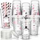 12 Pcs Halloween Plastic Ghost Cups with Straw and Lid Cute Pink White Ghost Cups for Drinks Halloween Decoration Party Favors