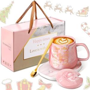 Nitial Christian Gifts Bible Verse Coffee Warmer with Mug Set for Women Pink Marble Mug Warming Plate Birthday Gift Christmas Graduation Gifts for Coworker Volunteer Teacher