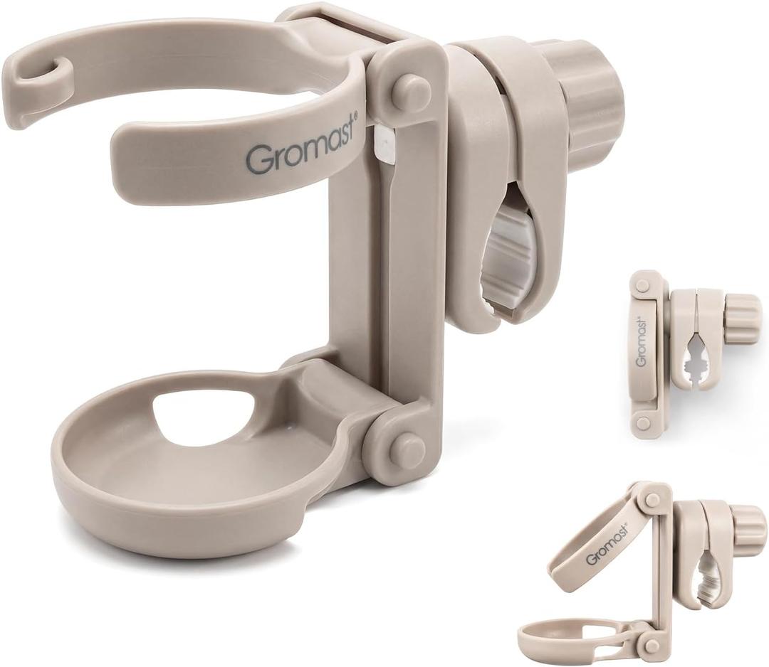 Gromast Foldable Stroller Cup Holder, 360Rotatable with Adjustable Clip, Universal Cup Holder for Stroller, Wheelchair, Bike, Walker, Scooter, Tricycle - Khaki