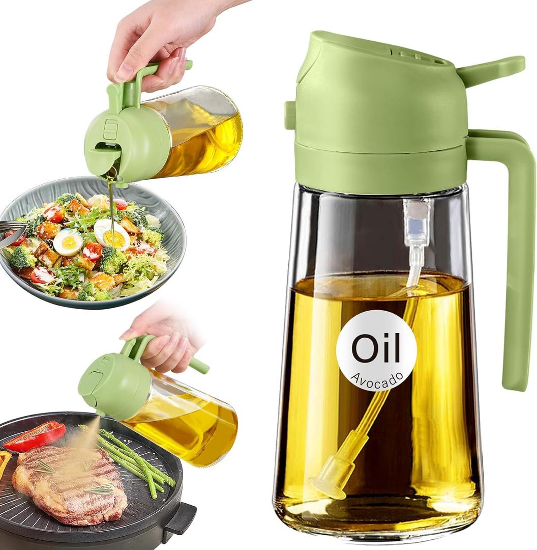 YRRAMATE 16oz/470ml Glass Olive Oil Sprayer for Cooking with Stickers, 2 in 1 Oil Dispenser for Kitchen Gadgets, Food Grade Premium Spray Bottle with Portion Control for Salad, Frying, BBQ (Green) (03_Green)
