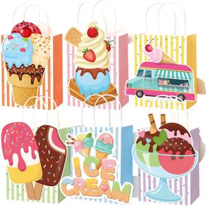 MotiMind 24 Pcs Ice Cream Party Favor Bags with Handles Summer Sprinkles Ice Cream Gift Paper Bags Goodie Treat Wraps for Summer Candy Pool Party Supplies