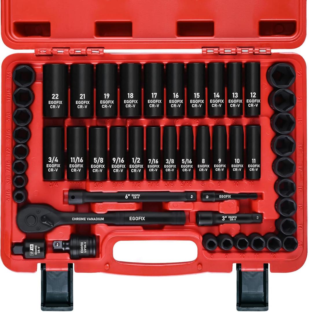 EGOFIX 3/8" Drive Impact Socket Set, 50 Piece Standard SAE (5/16 to 3/4 inch) and Metric (8-22mm) 6 Point, with Adjustable Ratchet Handle, Extension Bars, Impact Universal Joint, Adapter, Cr-V Steel