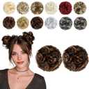 2 PCS Messy Bun Hair Piece Wavy Curly Hair Bun Scrunchies Extensions Synthetic Chignon Thick Updo Hairpieces for Women Girls(Dark Brown Mix Light Auburn)