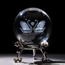 HDCRYSTALGIFTS 3D Engraving Crystal Double Swan Figurine with Love Heart Sphere 60mm(2.3inch) Crystal Ball Paperweight with Stand Base Valentines for Girls Women