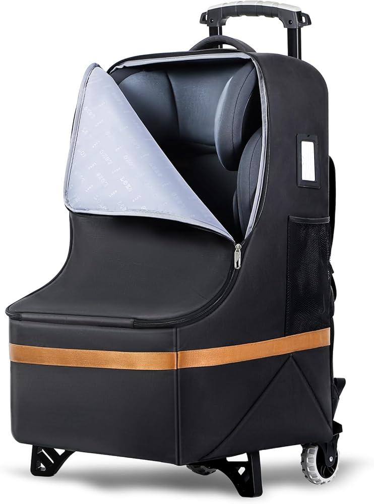 Tonyeee Padded Car Seat Travel Bag for Airplane with Wheels, Heavy Duty Carseat Bags for Air Travel, Rolling Gate Check Backpack and Dolly Carrier, Storage for Baby Essentials, Black