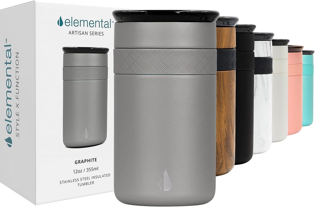 Elemental Artisan Insulated Tumbler, Triple Wall Coffee Travel Mug, Reusable Stainless Steel Coffee Tumbler with Ceramic Lid, Thermal Coffee Cups for Hot (6 Hrs) & Cold (18 Hrs), 12oz - Graphite
