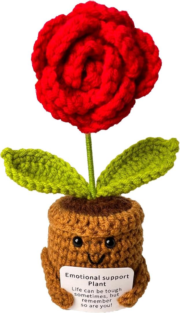 Emotional Support Crochet Rose Handmade Soft Wool Plush Flower with Positive Message Desk Decor Gift for Women Friends Teachers Birthday Christmas Valentine's Day Present (Resilience Rose) (Red)