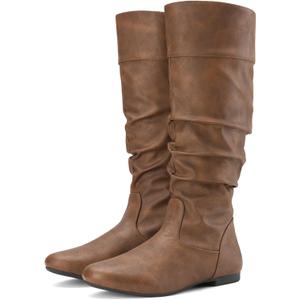 Rollda SUEDI Women's Slouchy Knee High Boots Pull On Flat Boots Side Zipper Fall Boots for Women (Size 9, Dark Brown Slouch)