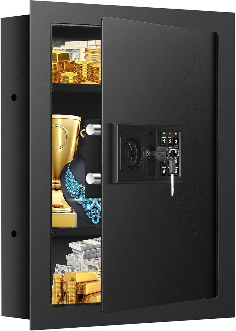 25.6" Tall Fireproof Wall Safes Between the Studs 16" Centers, Heavy Duty Combination Lock in Wall Safe with 2 Removable Shelf, Hidden Safe for Money, Jewelry, Document, Passport