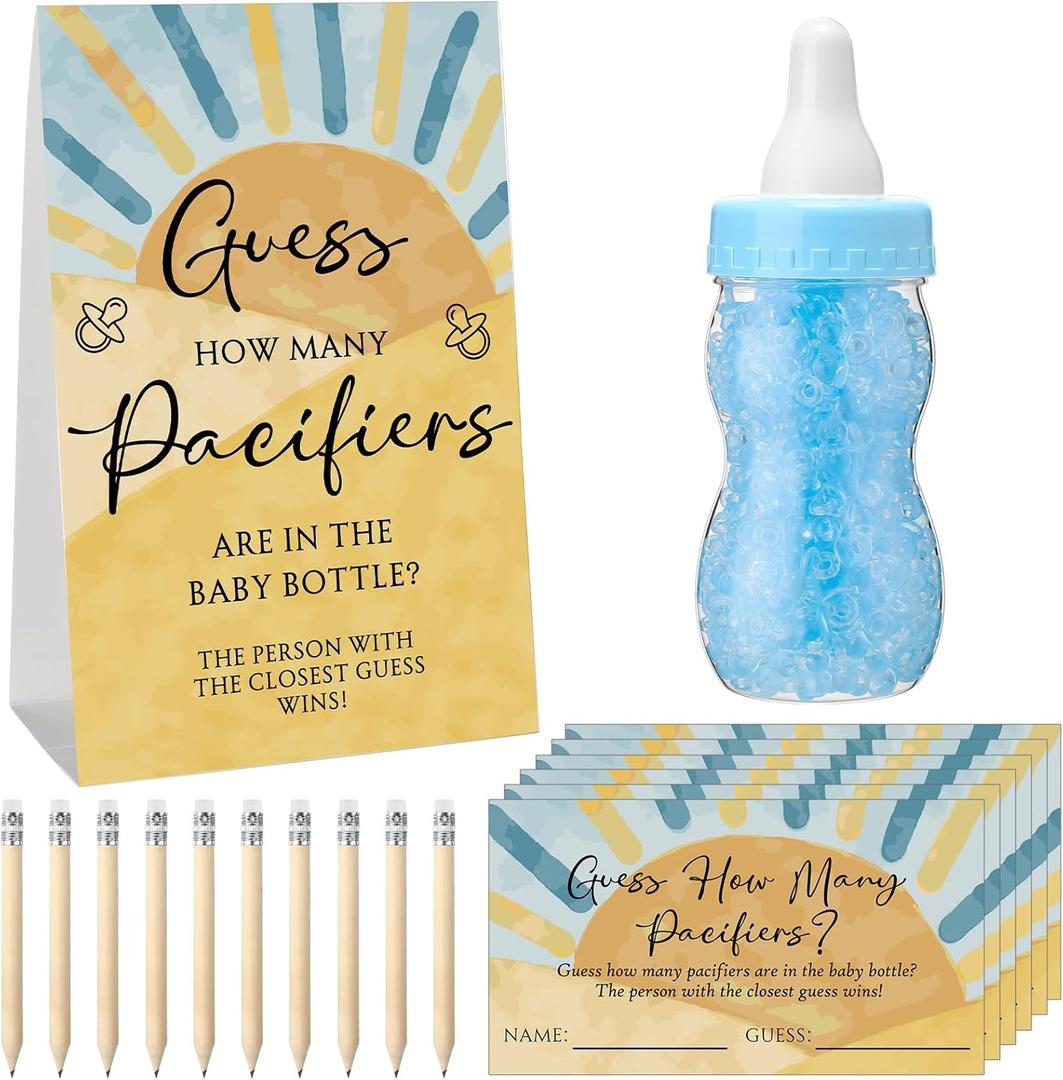 Roowest 512 Pcs Baby Shower Games Guess How Many Pacifiers Sign 100 Small Guessing Games 10 HB Pencils 750ml Milk Bottle 400 Acrylic Pacifiers Decoration for Guest Gender Reveal(Blue,the Son)