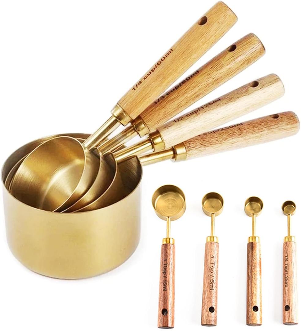 Measuring Cups and Spoons Set,Metal Measuring Spoons Set and Cups,Stainless Steel Measuring Cups Sppons Measure (Gold, 8Pcs)