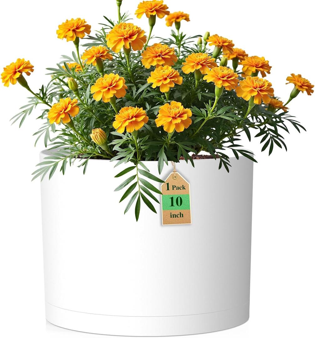 10 Inch Round Plastic Plant Pot with Drainage Holes and Saucer, Wide Flower Pots for Indoor & Outdoor Plants 7.9" Tall Modern Cylinder Planter Pot for House Plants and Home Decorative, Matte White