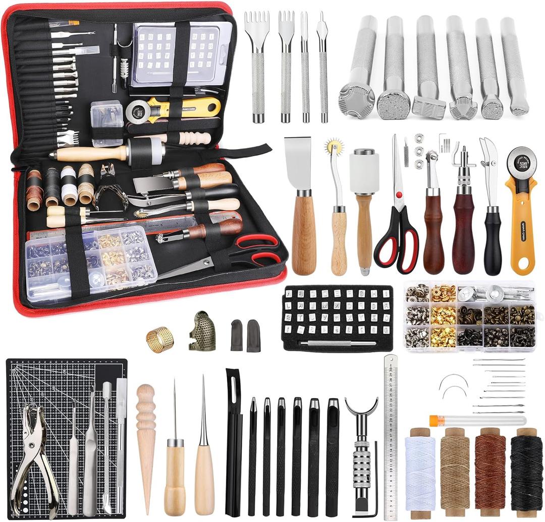 TLKKUE Leather Working Kit - Beginner's Leather Crafting Tool with Storage Bag, Leatherworking Tooling Kit for Sewing, Carving, Punching, Cutting, Stamping Tools (XXL)