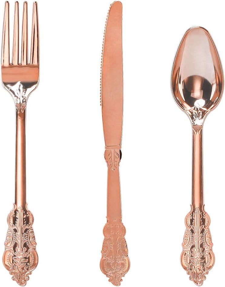 WDF-300 Pieces Rose Gold Plastic Silverware- Disposable Flatware -Heavyweight Plastic Cutlery- Includes 100 Forks, 100 Spoons, 100 Knives for Wedding& Parties