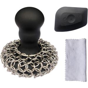 316 Upgraded Chainmail Scrubber with Silicone Handle Cast Iron Cleaner for Cast Iron Grill Pan Skillet Wok Bakeware Ergonomic to Hold Easy to Use Dishwasher Safe, Scrubber + Scraper + Towel (Black)