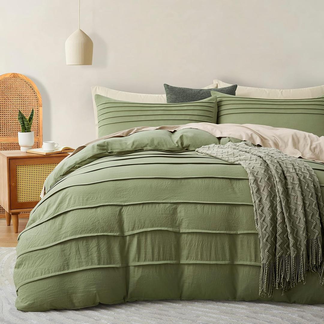 Oli Anderson Sage Green Duvet Cover King Size - Pleated King Duvet Cover, 3PCS Soft and Breathable Textured Bedding Set with Zipper Closure (Sage Green, 104"x90")