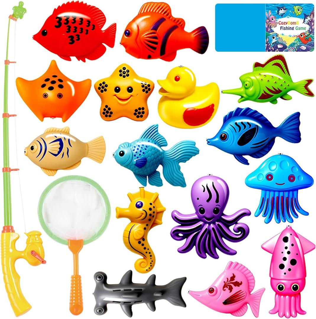 CozyBomB Magnetic Fishing Toys Game Set for Kids | Water Table Bathtub Kiddie Pool Party Pole Rod Net, Outdoor Plastic Floating Fish, Toddler Bath Color Ocean Sea Animals Birthday Gift Age 3-5 6 4-8