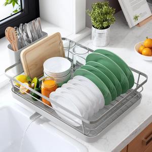 Kitsure Dish Drying Rack for Kitchen Counter, Stainless Steel Sink Organization and Storage Essentials with Cutlery Holder, Home and Appartment Decor, 12''W x 15.5''L, Silver Grey