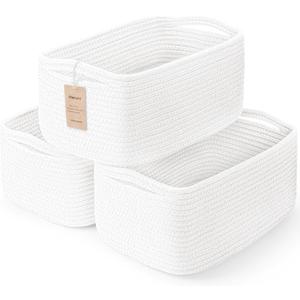 3-Pcs Shelf Baskets for Organizing, Closet Organizer Bins, Small Woven Baskets, Rope Toy Basket, Storage Basket for Shelves, Cube Decorative Box, 11.87.85.1, White