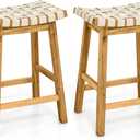 Woven Saddle Stools Set of 2, 25.5-inch Vintage Counter Height Chairs with PU Leather Woven Seat & Solid Wood Legs, Modern Backless Bar Stools for Dining Room, Kitchen, Pub, Bistro, Beige