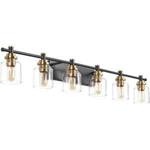 SOLFART 6-Lights Black Brass Bathroom Vanity Light Fixture Vintage Bathroom Fixture Over Mirror Thick Clear Glass