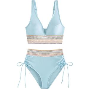 Women High Waisted Bikini Sets Two Piece Swimsuit Tummy Control Color Block Drawstring Bathing Suit, size : 4XL