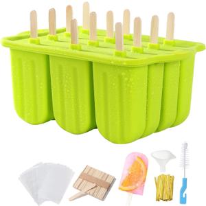 12-Cavity Popsicles Molds Set Homemade Maker Ice Pop Mold Silicone Freezer Molds with 50 Popsicle Sticks 50 Popsicle Bags 50 Ties Funnel Recipes and Cleaning Brush (Green-1)