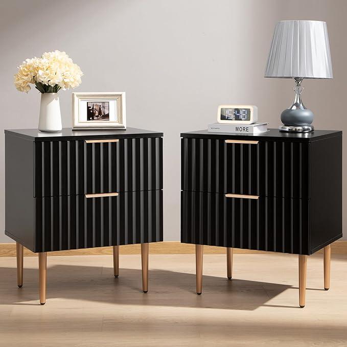 SICOTAS White Night Stand Set 2, Fluted Glossy Nightstand with 2 Drawers, Wide Modern Storage Bedside Table for Bedroom, End Side Table with Golden Metal Legs and Handles (Black, 2 Pieces)