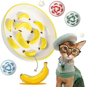 Ceramic Cat Slow Feeder Bowl - Vibrant Cat Feeding Bowl - Cute Maze Food Dish for Slow Eating - Dishwasher Safe - 6.3''W x 1.2''H - 7 OZ - Yellow