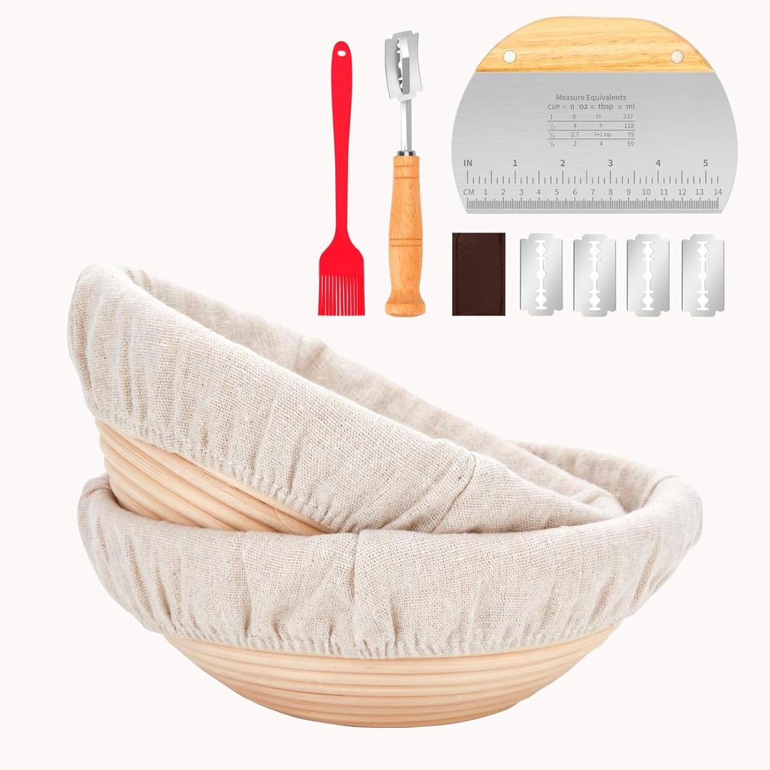Sourdough Proofing basket2 Round 9 Inch Bread Proofing Basket  Sourdough Starter kit Dough ScraperBread Lame  5 Blades and Case, Brush & 2Covers, Perfect for Bread Basket Gift Set.