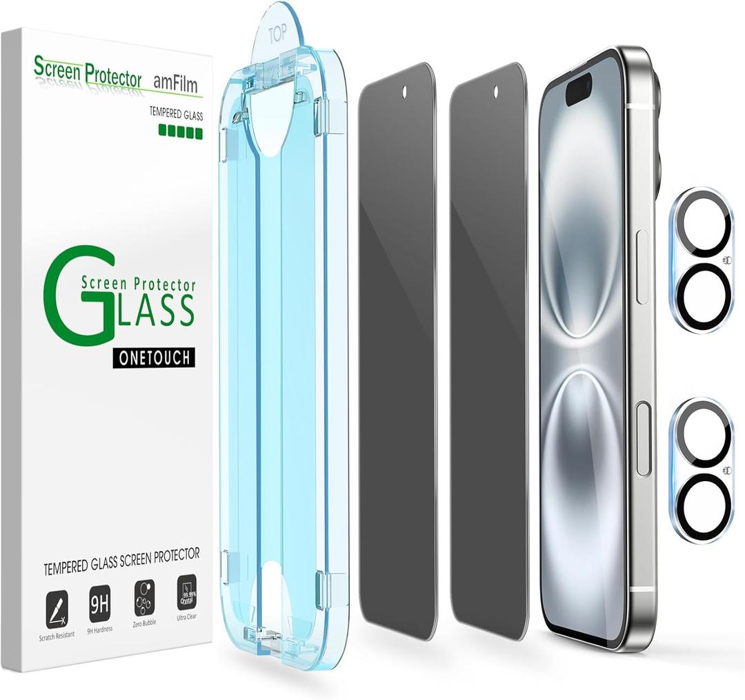 amFilm Auto-Alignment OneTouch for iPhone 16 [6.1''] privacy Screen Protector,Tempered Glass, 30 seconds Installation, Bubble Free, Case Friendly, Anti-Scratch [2Pack]