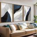 Large Abstract Framed Wall Art - Canvas Wall Art Pictures Prints for Living Room Decor Natural Float Framed Artwork for Bedroom Kitchen Home Office Decoration 48" X 24" Set of 3 Blue Grey, 16" X 24" X 3pieces Framed