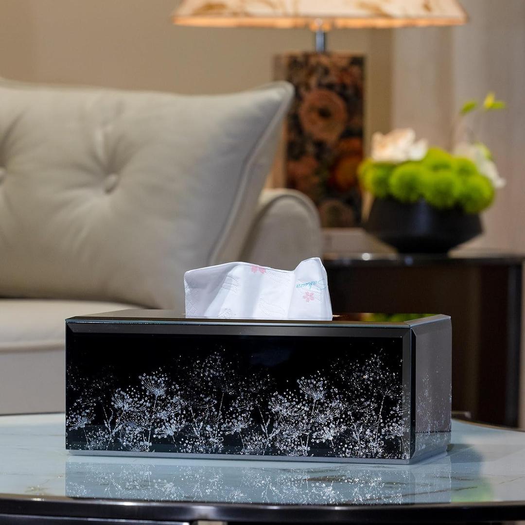 Glass Tissue Box Cover Rectangle-Dandelion Pattern Decorative Tissue Holder with Velvet Lining for Home Decor, Bedroom, Kitchen, Office (Black)