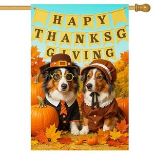 IVN Happy Thanksgiving Puppy Garden Flag 12x18 Inch Double Sided Autumn Leaf Pumpkin Outdoor Yard Flag for Home Front Door Lawn Porch Patio Decor