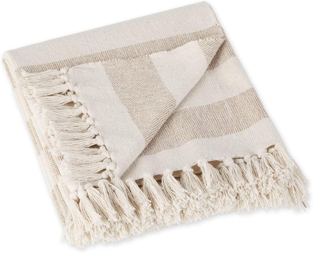 DII Rustic Farmhouse Cotton Cabana Striped Blanket Throw with Fringe, 50 x 60" - Cabana Striped Stone