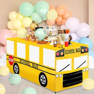 6 Ft School Bus Tablecloths Birthday Party Decorations School Bus Theme Table Cover Washable Fabric Polyester Rectangle Table Covers Protector for School Kindergarten Back to School Party Decorations