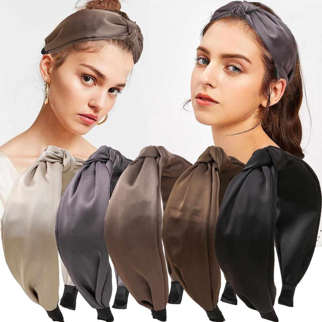 5pcs/set Wide Satin Knotted Headbands for Women Girl Stylish Hair Hoop Fashion Vintage Hair Accessories for Daily Wear (5pcs-Coffee Series)