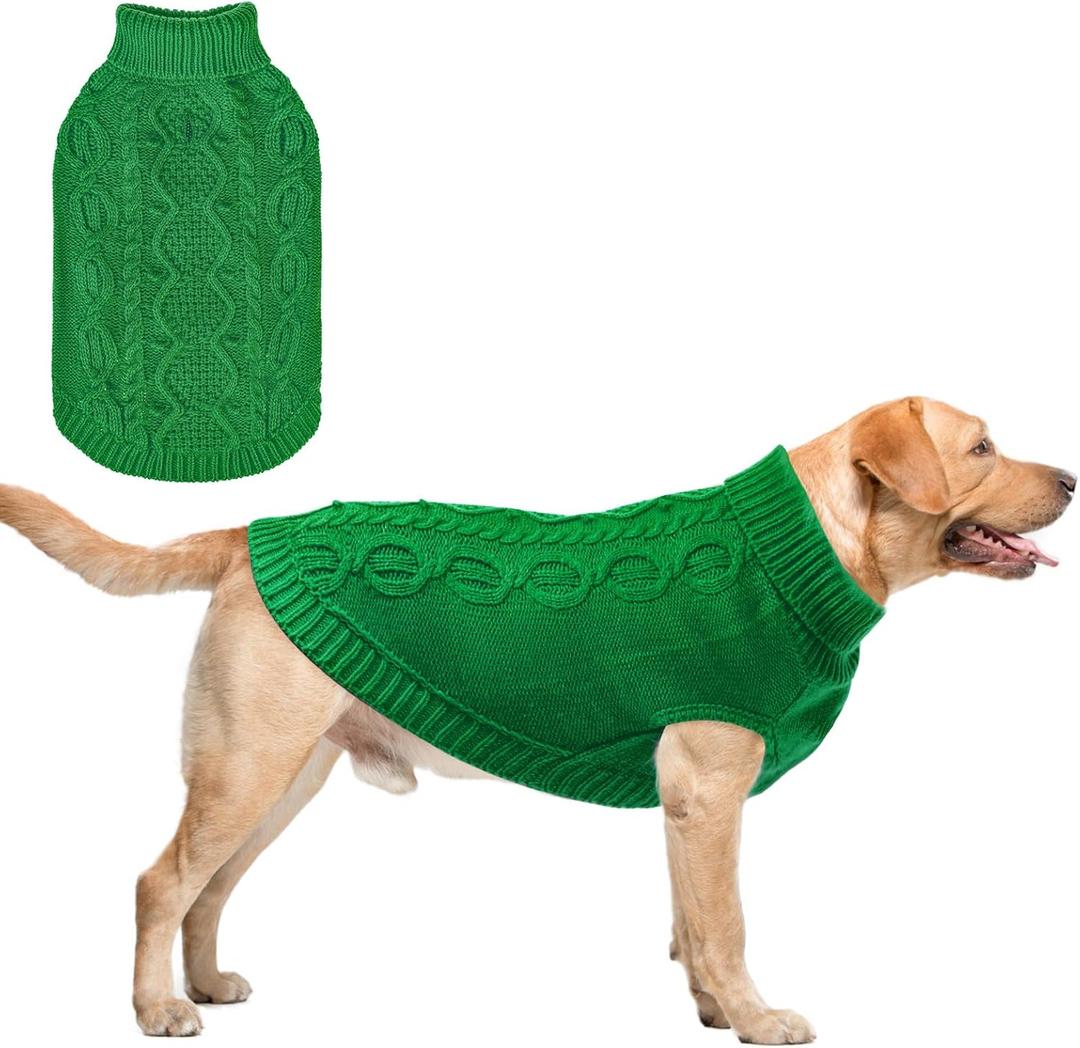 SCENEREAL XXXL Dog Sweater Boy Girl, Fall Winter Soft Warm Knitted Extra Large Dog Clothes Sweatershirt, Classic Turtleneck Pullover Outfits with Leash Hole, Pet Knitwear Apparel, Green (XXX-Large(Back Length 30in))