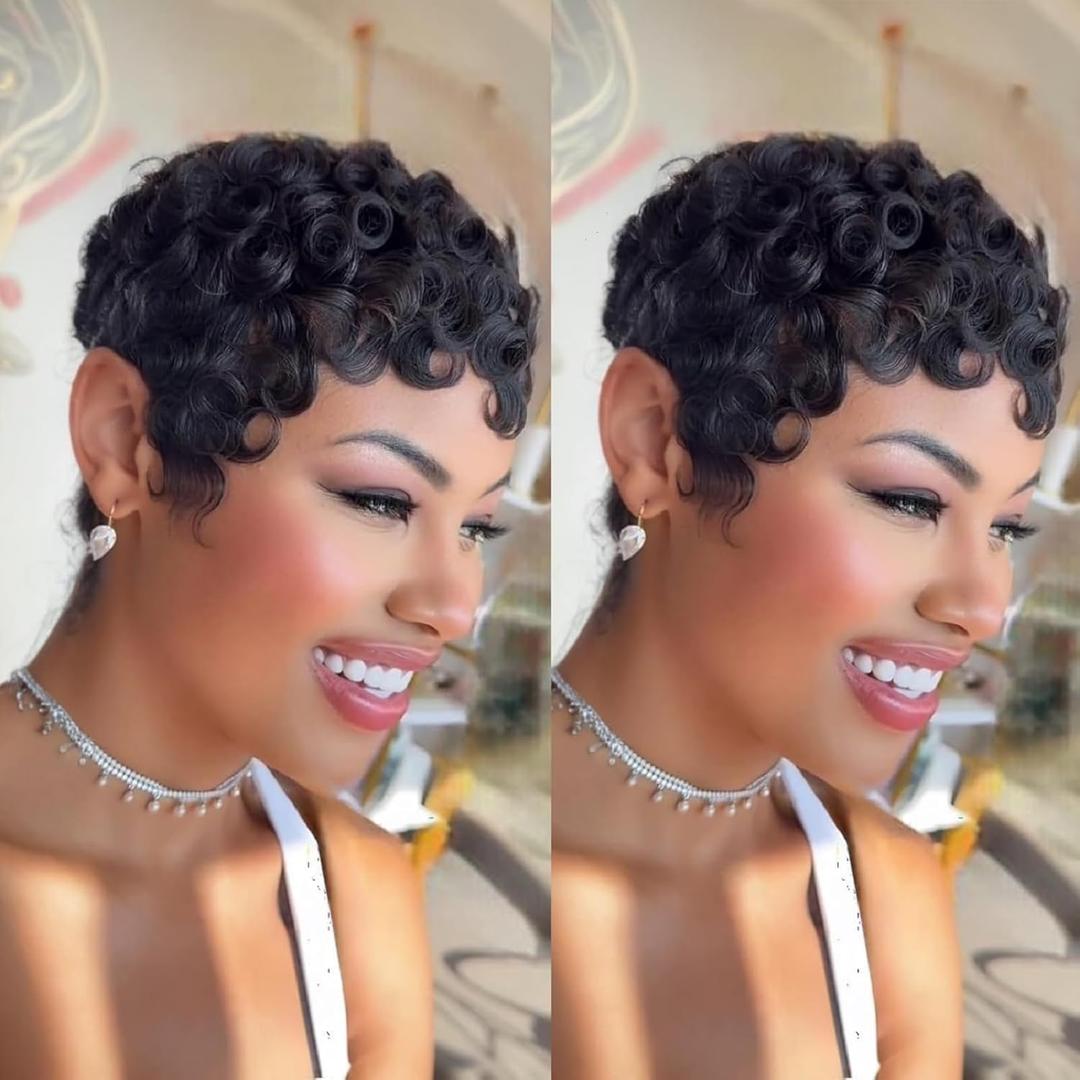 Pixie Cut Curly iWigs for Black Women Short Layered Pixie Wigs Brazilian Virgin Curly Wavy Human Glueless Short Curly Wigs With Bangs Natural Black Color for Daily Use