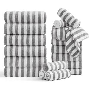 Smuge 17 Pcs Bath Towel Set, Include 6 Bath Towel Sheets, 6 Hand Towels and 6 Washcloths - Highly Absorbent Quick Dry Microfiber,Ultra Soft Bathroom Towel Set with Hanging Loop - Light Gray