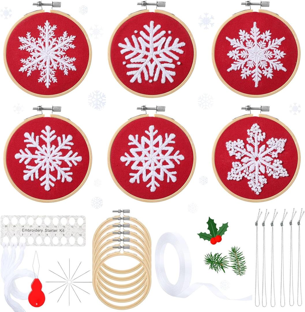 Roowest 6 Sets Winter Embroidery Kits for Beginners Adults Winter Snowflakes Cross Stitch Embroidery Ornament Kit DIY Craft Needlepoint Sets with Pattern Instructions Thread Needle Ribbon(Red)
